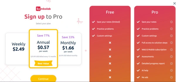 Screenshot of Symbolab Pricing