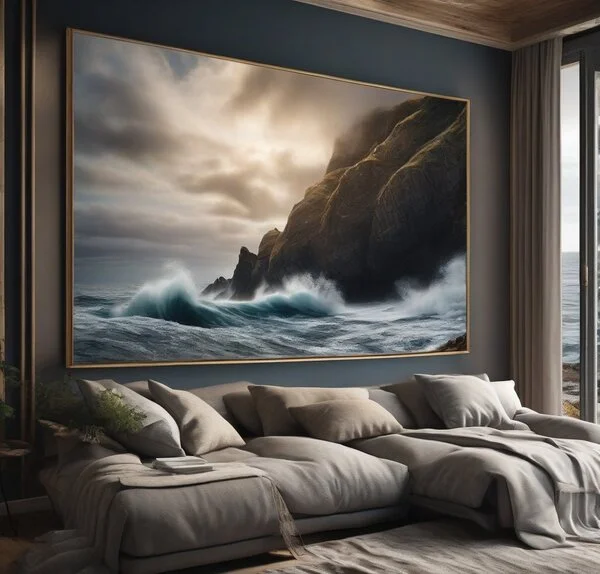 Frame in a bedroom, features a dramatic coastal cliffside with crashing waves