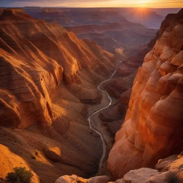 a deep canyon with layers of colorful rock formations