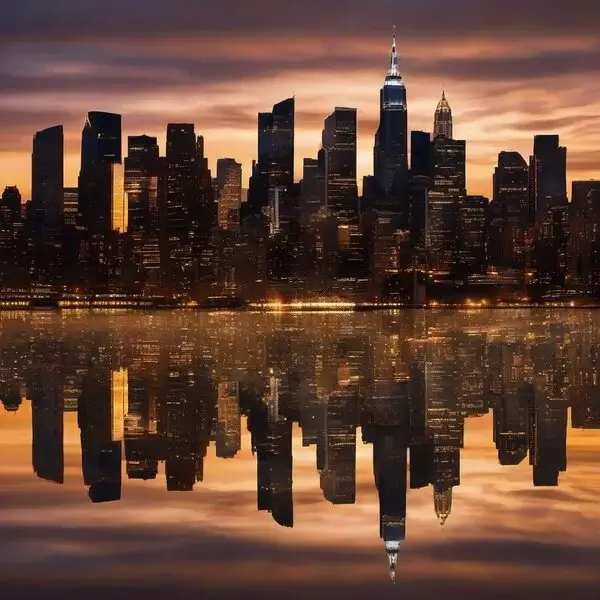 glittering lights of a city skyline at dusk